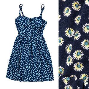 Floral Daisy Navy Blue Tank Babydoll Mini Dress with Ruched Back XS Fit & Flare